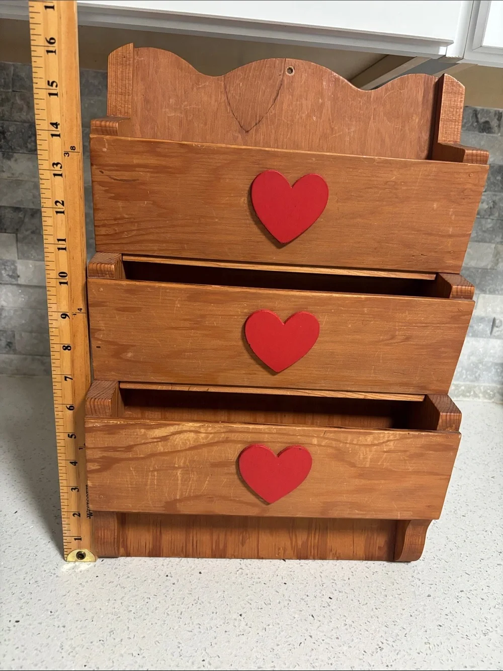 Vintage Wooden 3-Tier Letter Holder Mail Organizer with Red Heart Accents